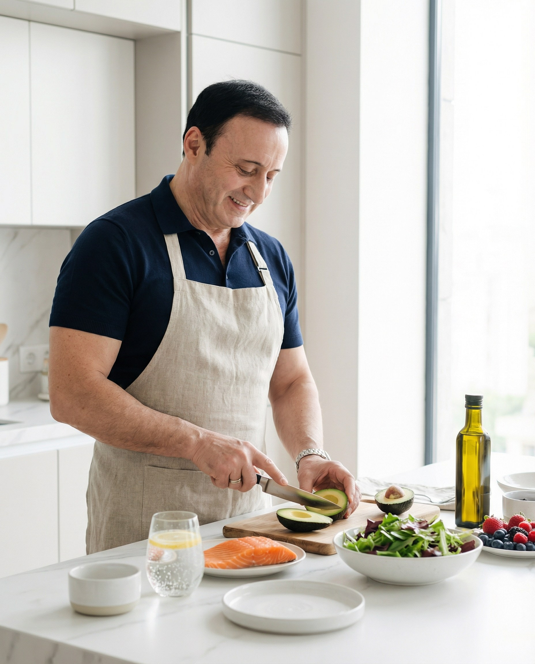 AI-изображение бизнес-эксперта на домашней кухне — lifestyle-контент для личного бренда, блога и социальных сетей