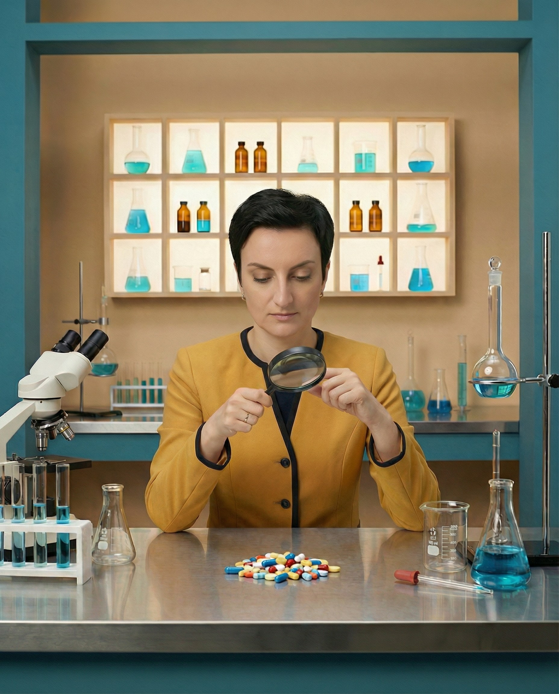 ИИ фото психоневролога в лабораторной стилистике с лупой — визуал для экспертного медицинского контента и личного бренда врача