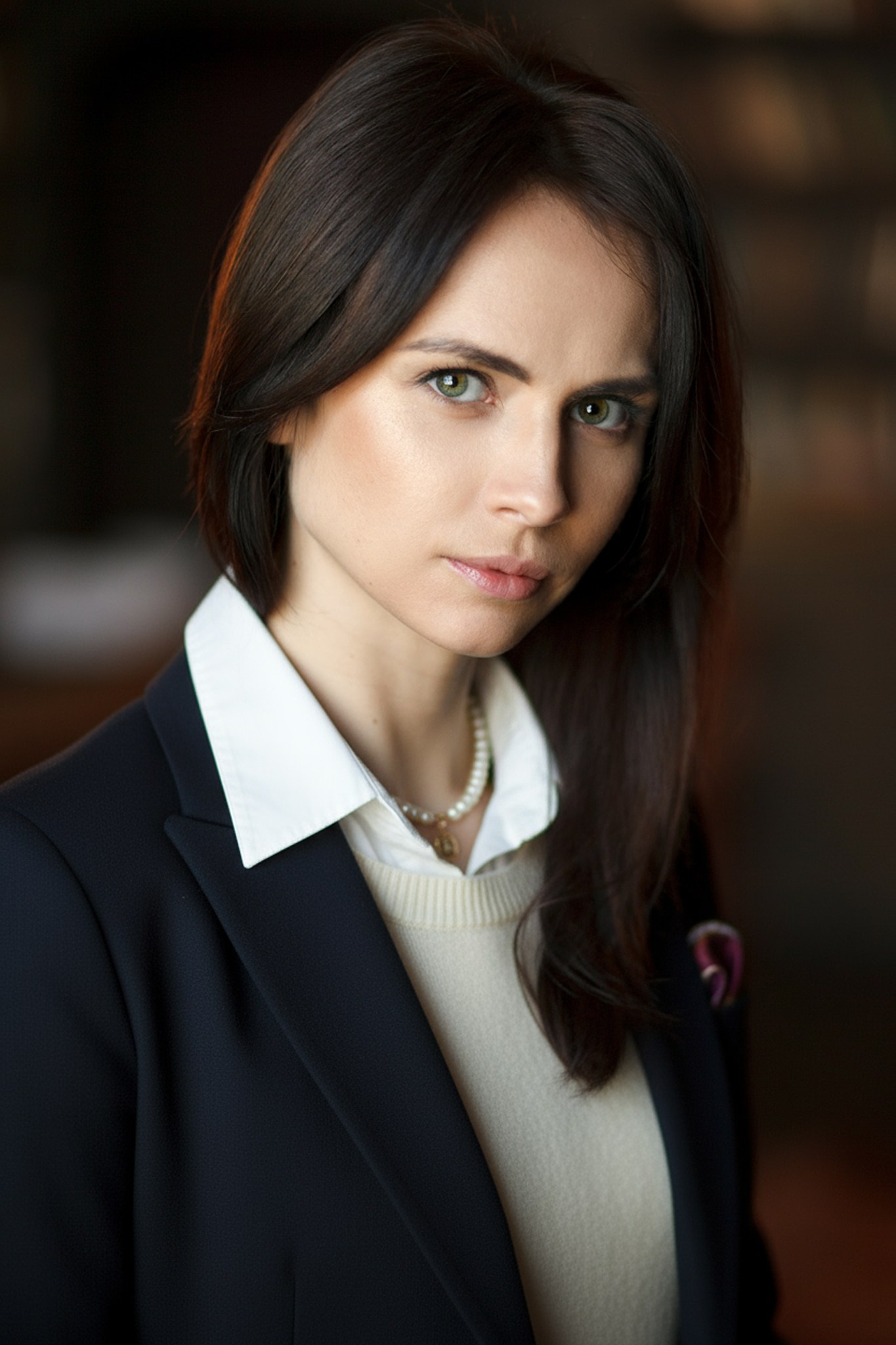 Интеллектуальный портрет девушки на фоне стеллажей с книгами в библиотеке.