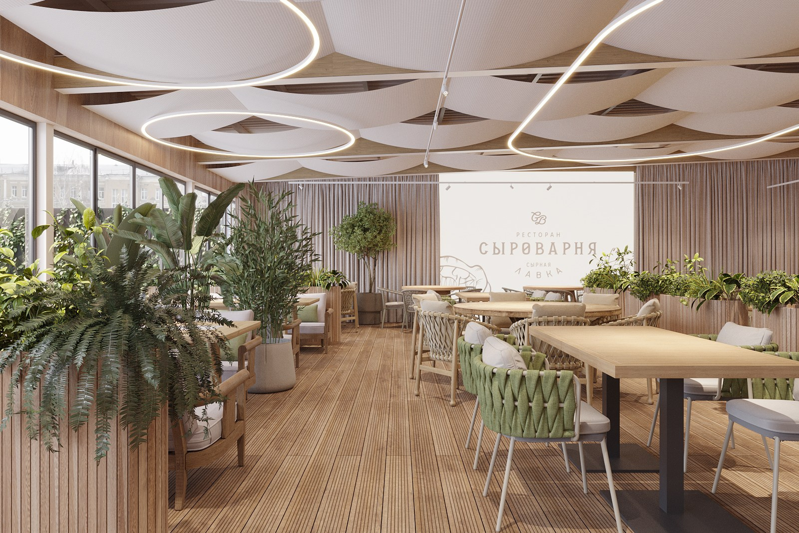 ЛЕТНЯЯ ВЕРАНДА «СЫРОВАРНИ» / ресторан, 200 м². Rezells Architects — студия дизайна жилых и коммерческих интерьеров