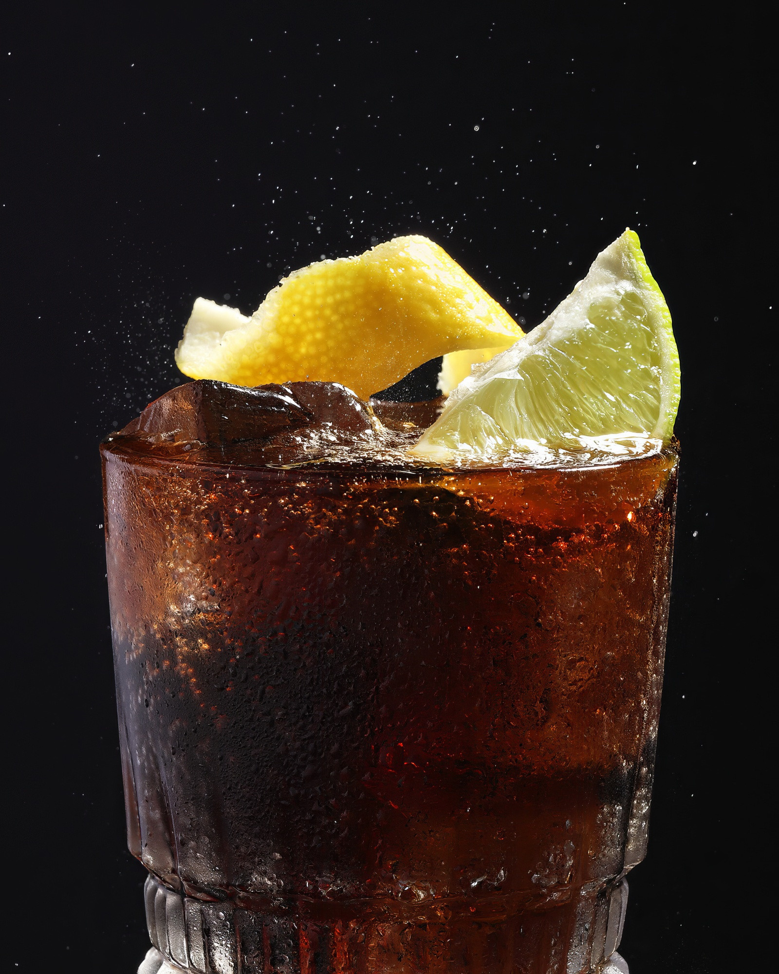 кока-кола, лимонад в стакане с лаймом и цедрой апельсина