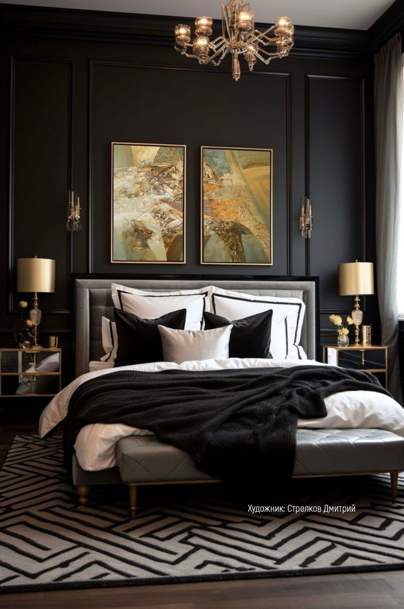 Диптих картины на стене за изголовьем в спальне