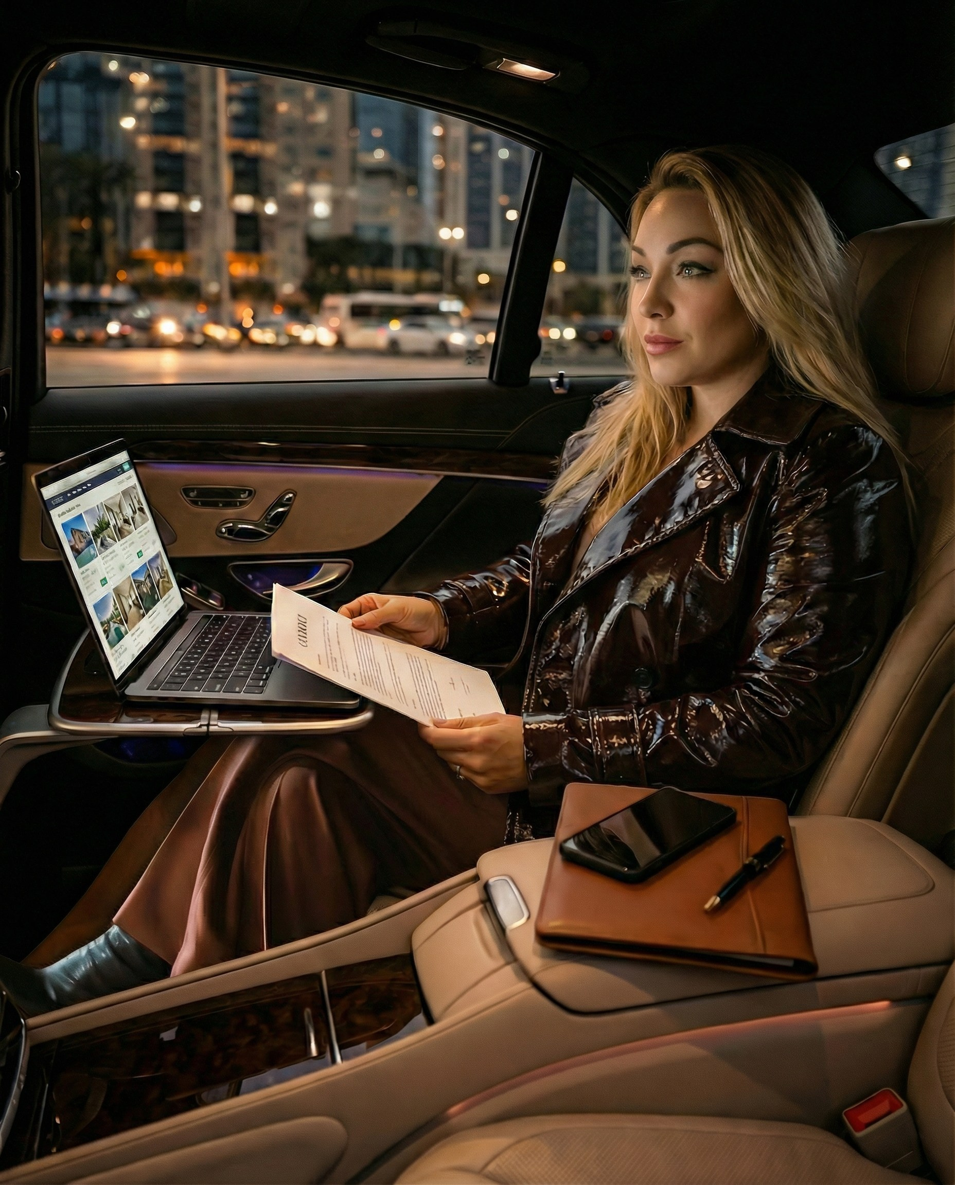 ИИ кадр риелтора в автомобиле с ноутбуком и документами — контент для блога, соцсетей и личного бренда