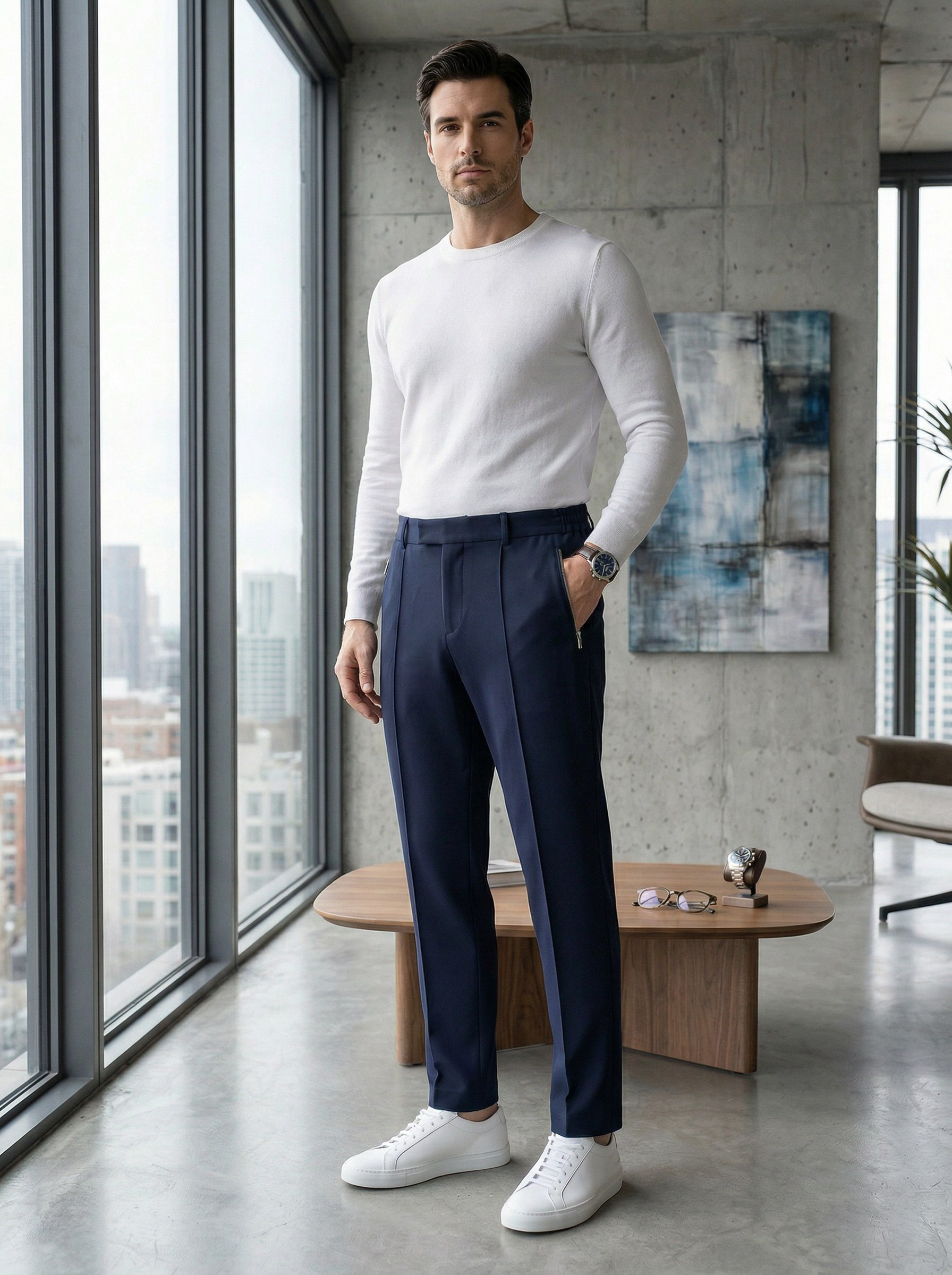 Генерация фото в интерьере для синих брюк с резинкой