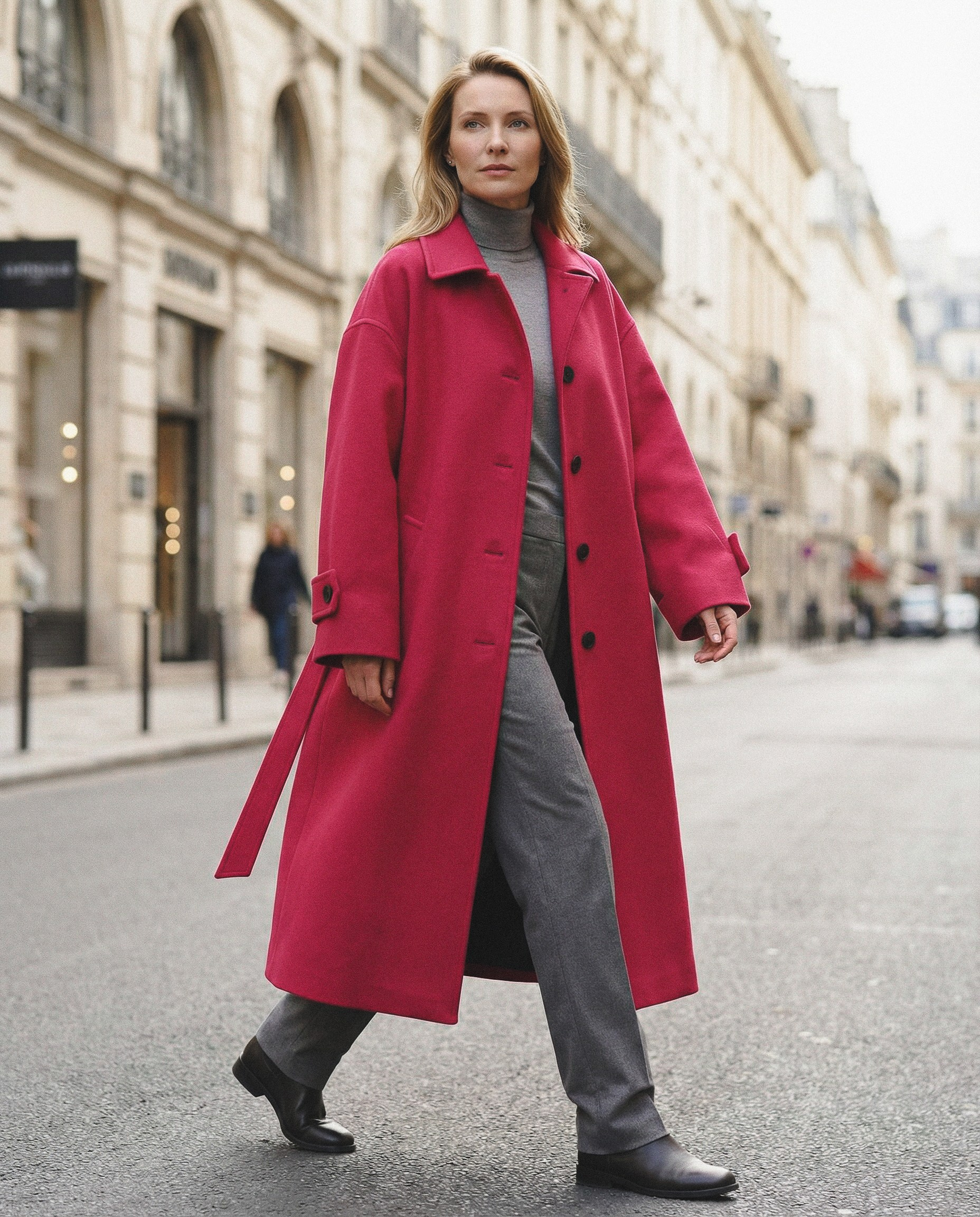 ИИ-стрит-кадр для бренда верхней одежды — модель в ярко-розовом пальто на городской улице