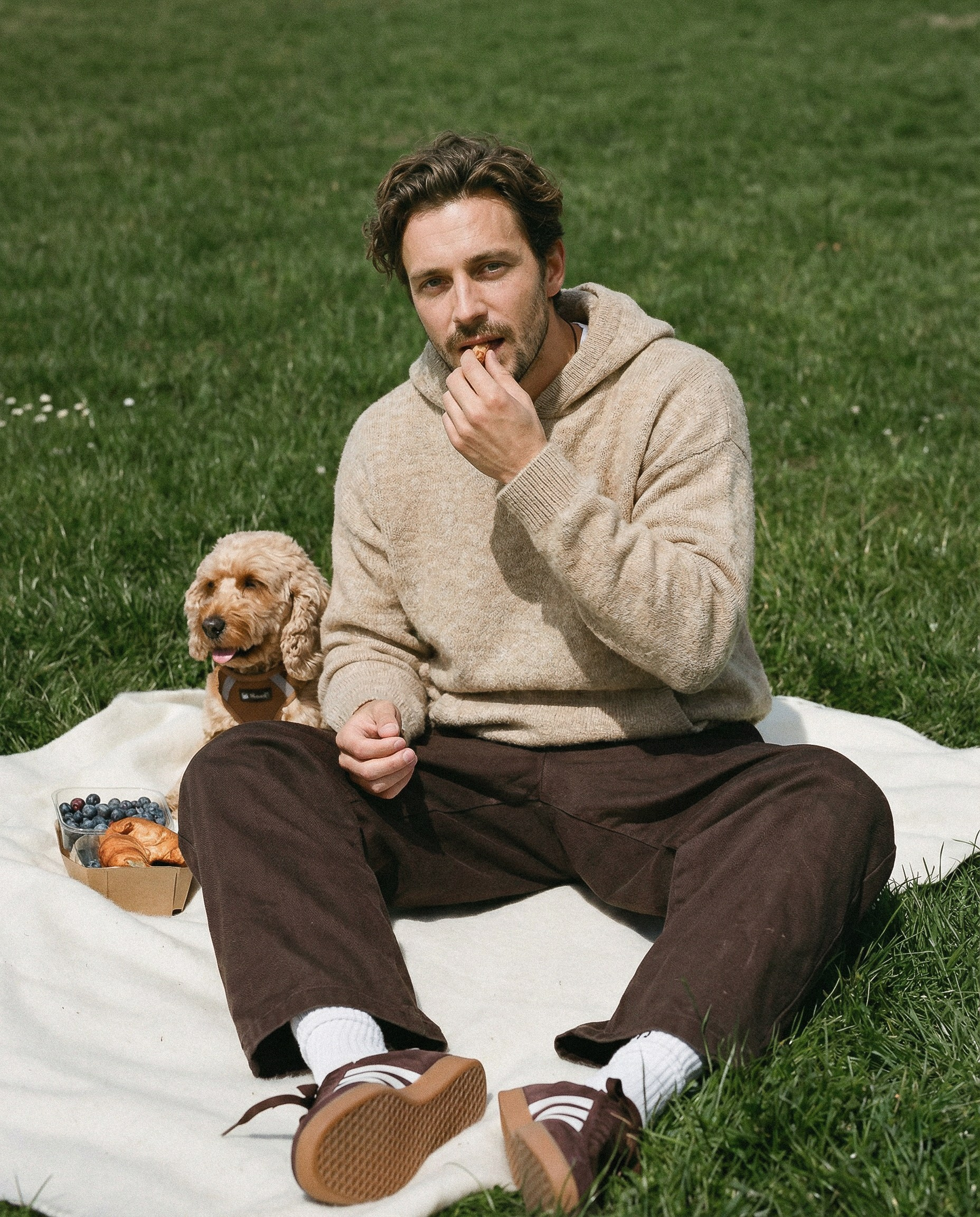 ИИ-генерация lifestyle-сцены для бренда одежды — мужчина в светлом худи сидит на пикнике на траве рядом с собакой
