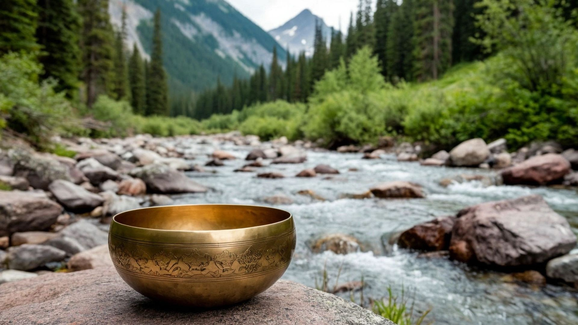 Meditation with singing bowls for purification by a mountain river