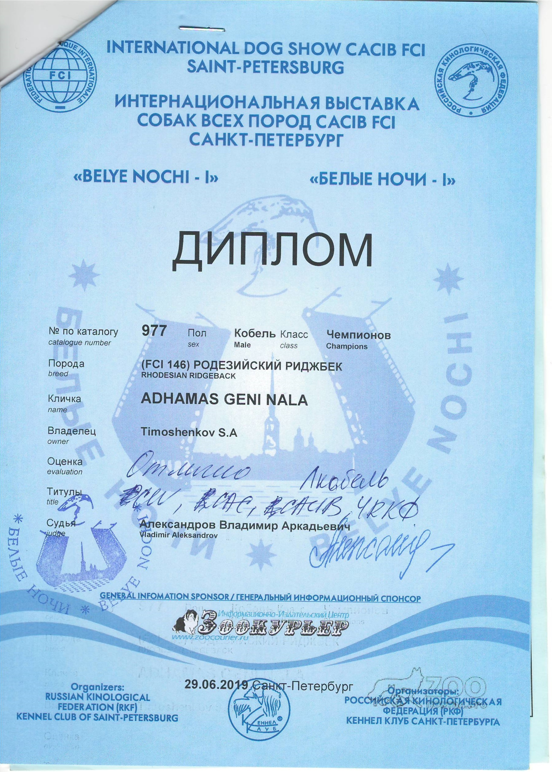 Участие в выставках родезийского риджбека Adhamas Geni Nala (Алана) в. Rhodesian ridgeback Adhamas Geni Nala