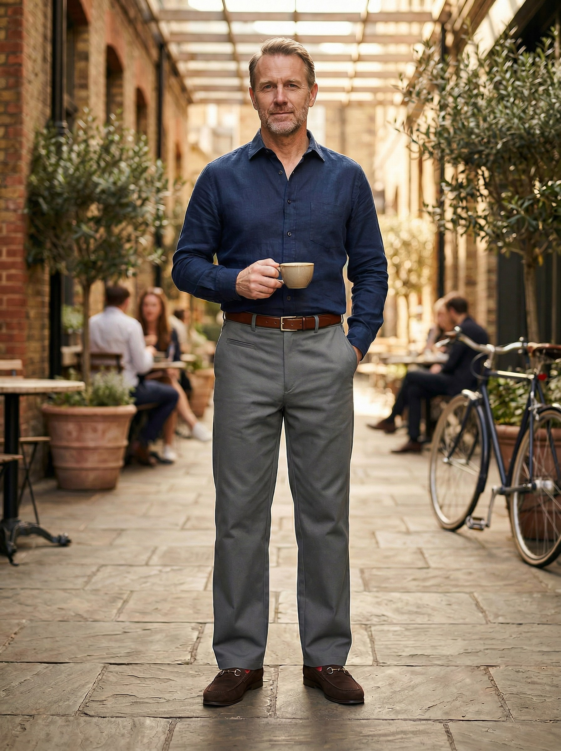 Генерация фото в интерьере для серых брюк на улице