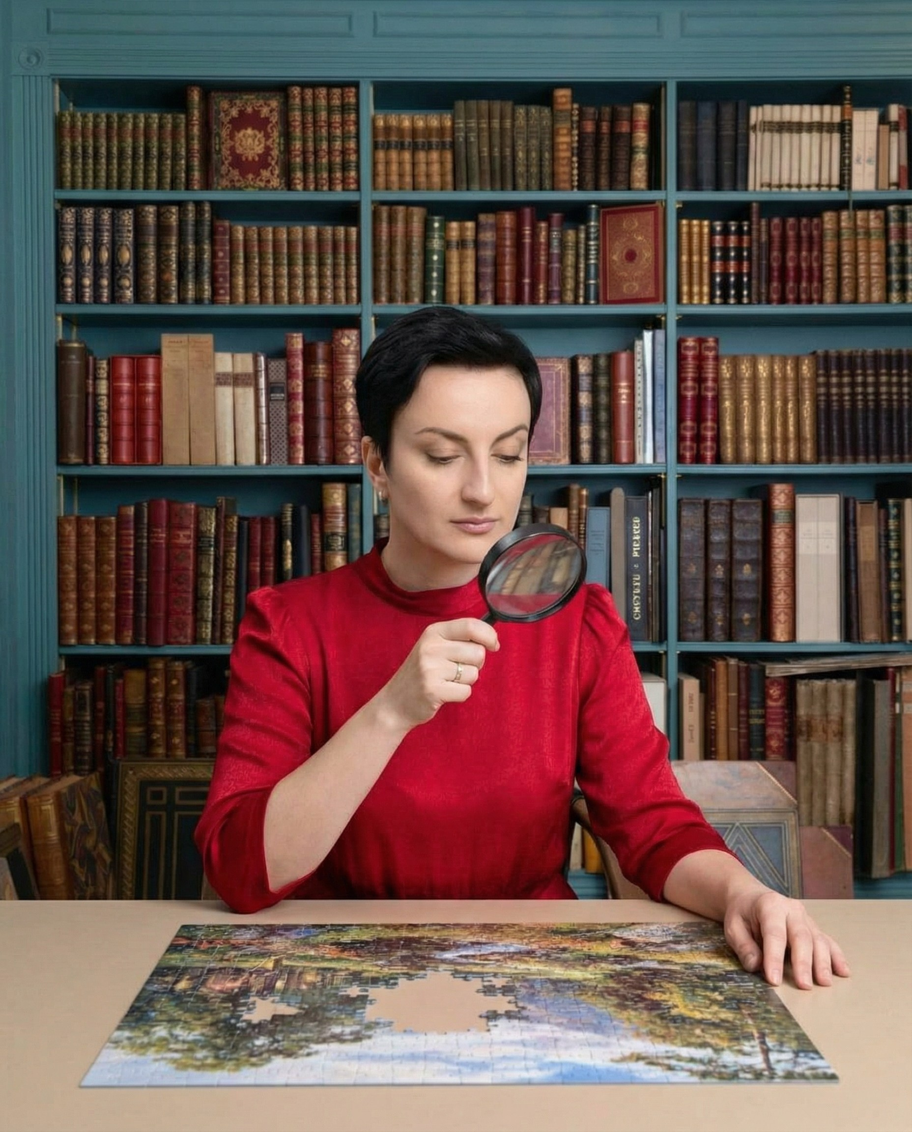 ИИ визуал психоневролога в библиотеке с лупой и картой — креативная иллюстрация для экспертных публикаций и личного бренда
