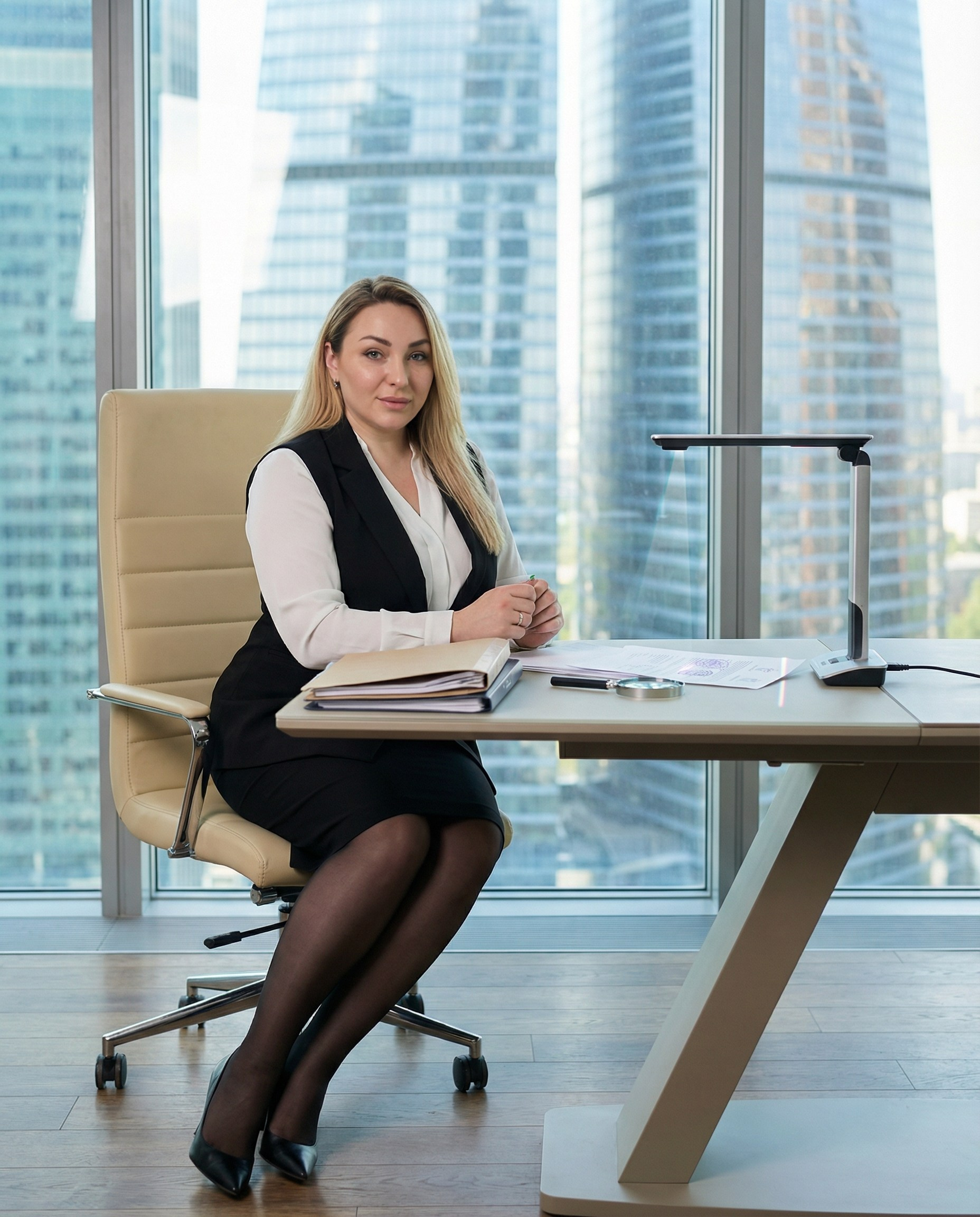 ИИ портрет бизнес-эксперта за рабочим столом в офисе с панорамными окнами — визуал для блога и социальных сетей