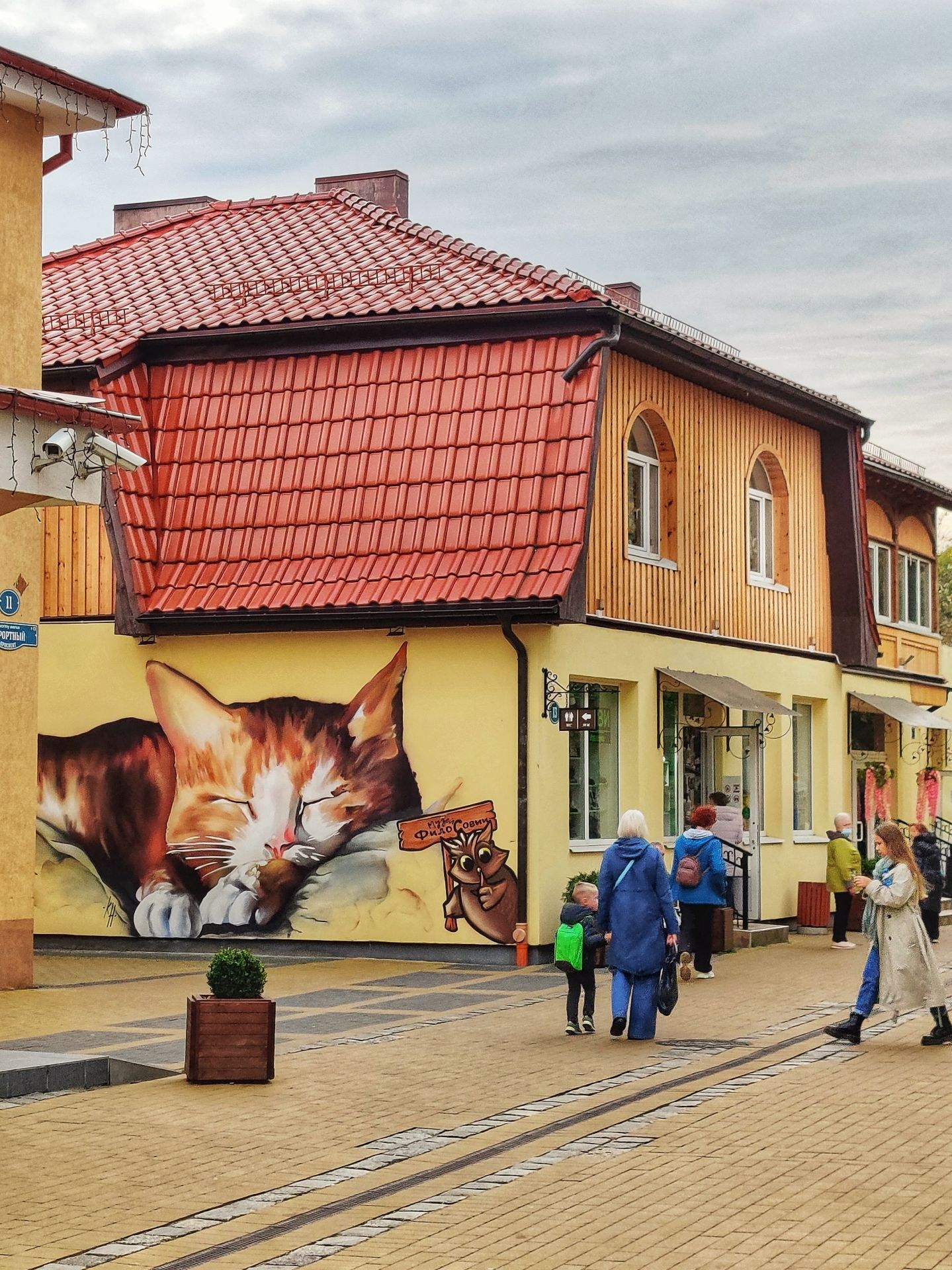 Уличное граффити с изображением рыжего кота на фасаде дома в Зеленоградске