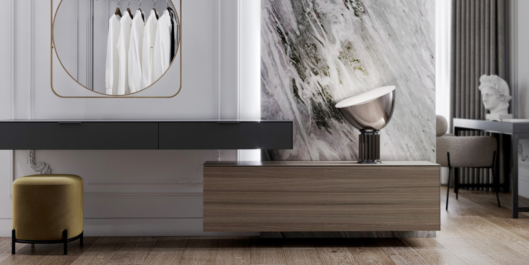 будуар, будуаром в спальне, дамское место в спальне, интерьер стильных спален, спальня в загородном доме