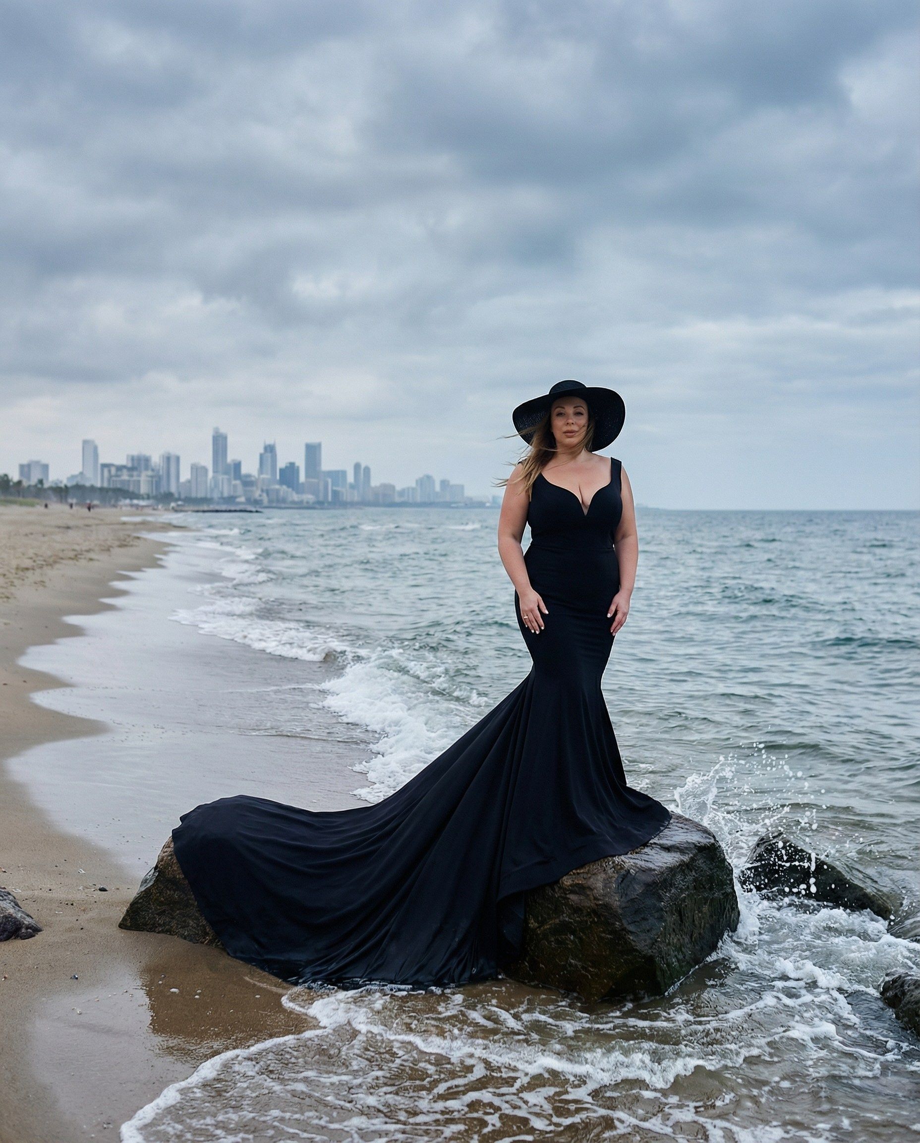 ИИ фотосет портрет женщины-эксперта в длинном платье на берегу моря — яркий визуал для личного бренда и рекламы