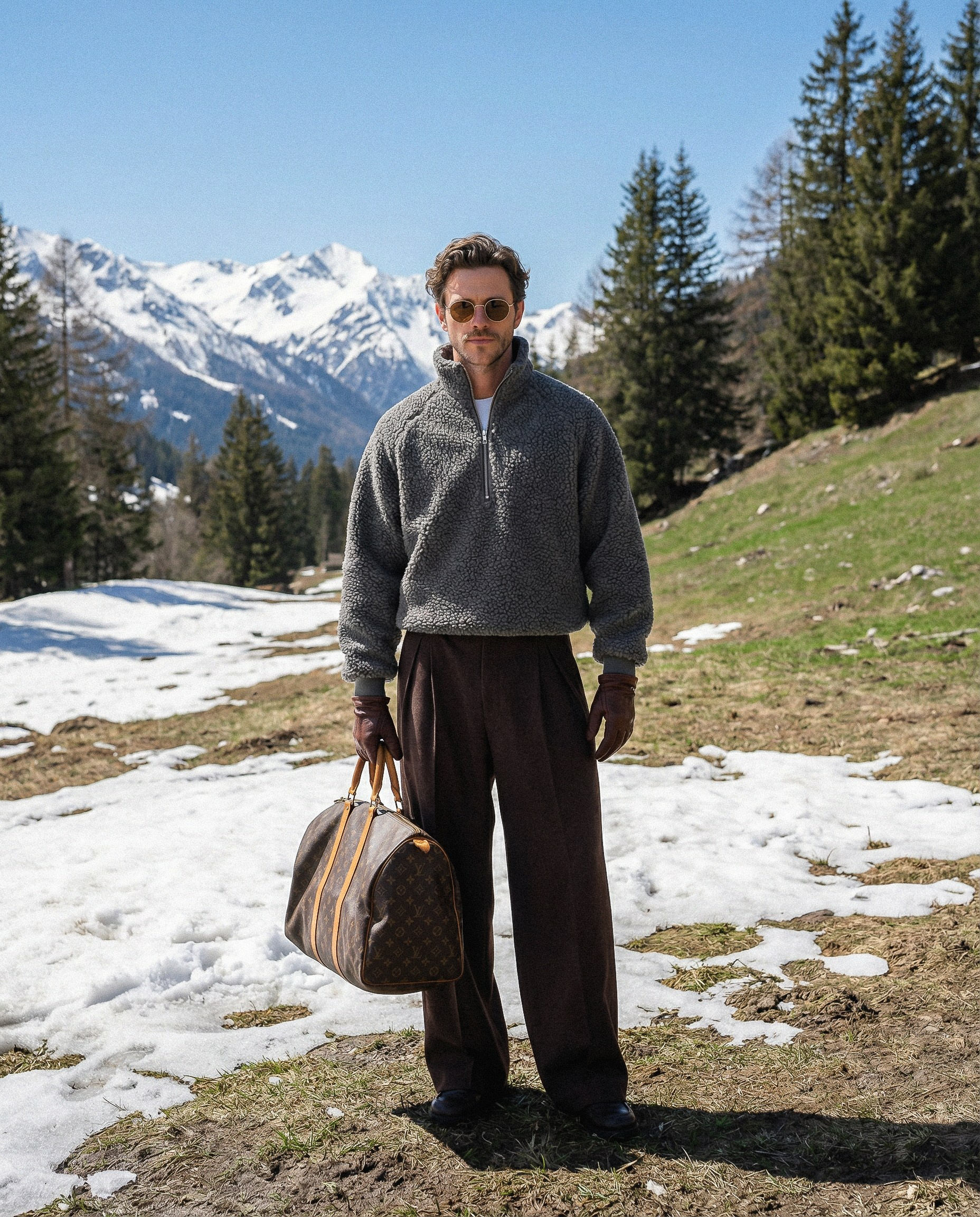 ИИ-визуал для бренда одежды — мужчина в сером свитере на фоне горного пейзажа со снегом и хвойным лесом