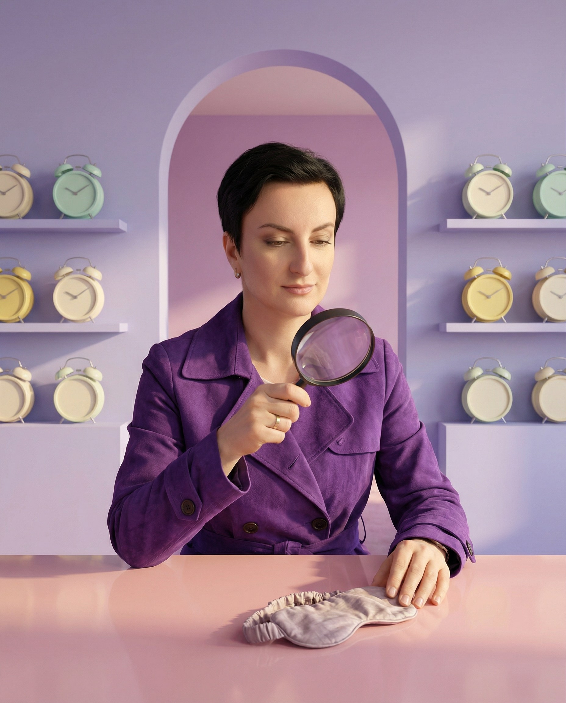 ИИ портрет эксперта в фиолетовом интерьере с лупой — стилизованный контент для блога психоневролога и рубрики о разборе сложных тем