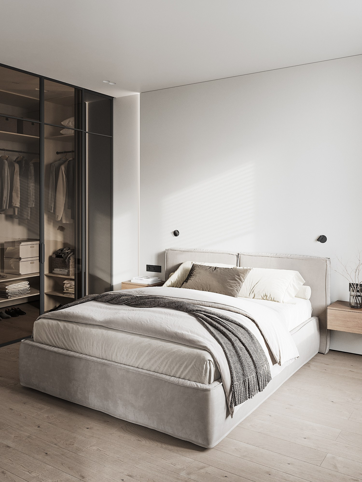 Визуализация мастер-спальни с кабинетом и гардеробом в минималистичном стиле