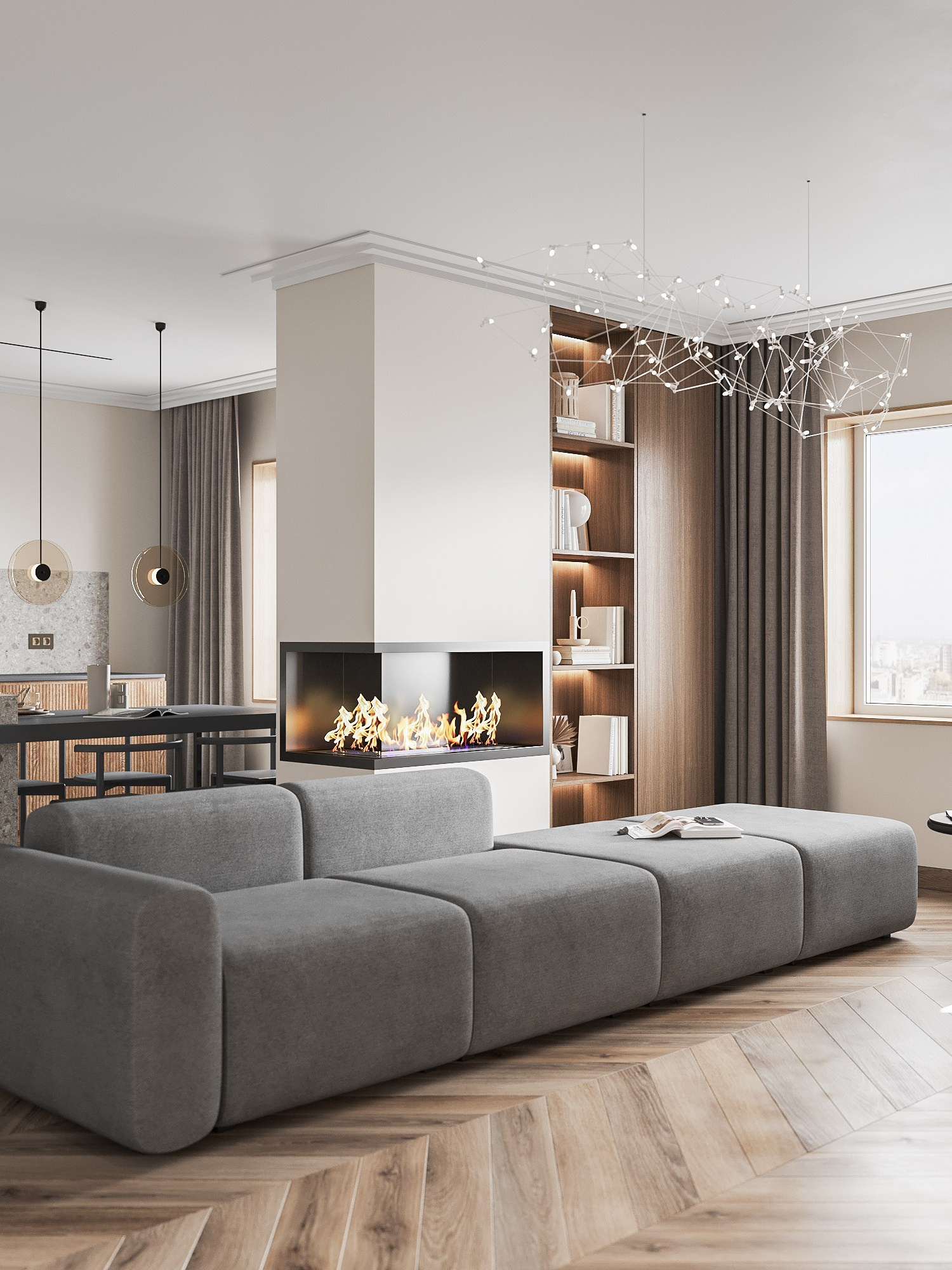 Визуализация современной кухни-гостиной с камином