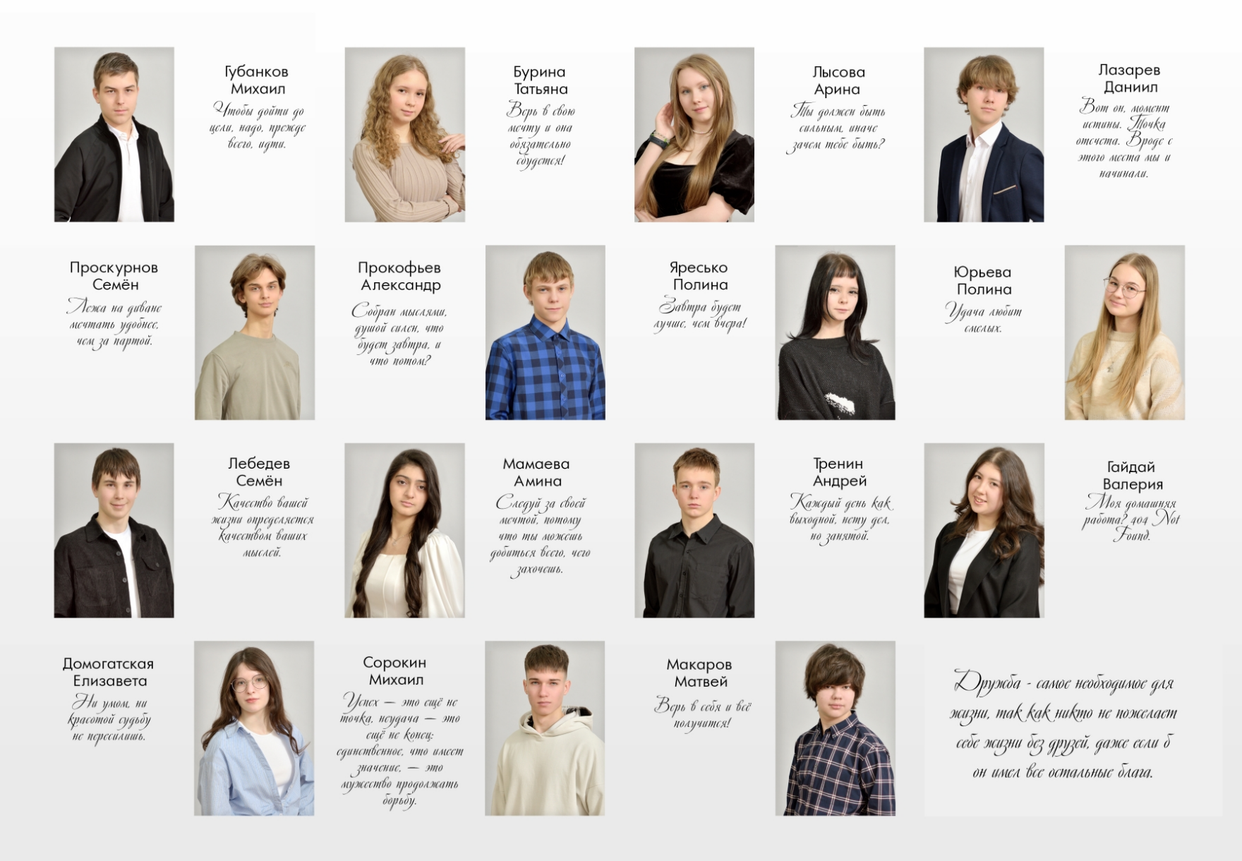 Макет разворота с миниатюрами выпускников, виньетка для школьного альбома.