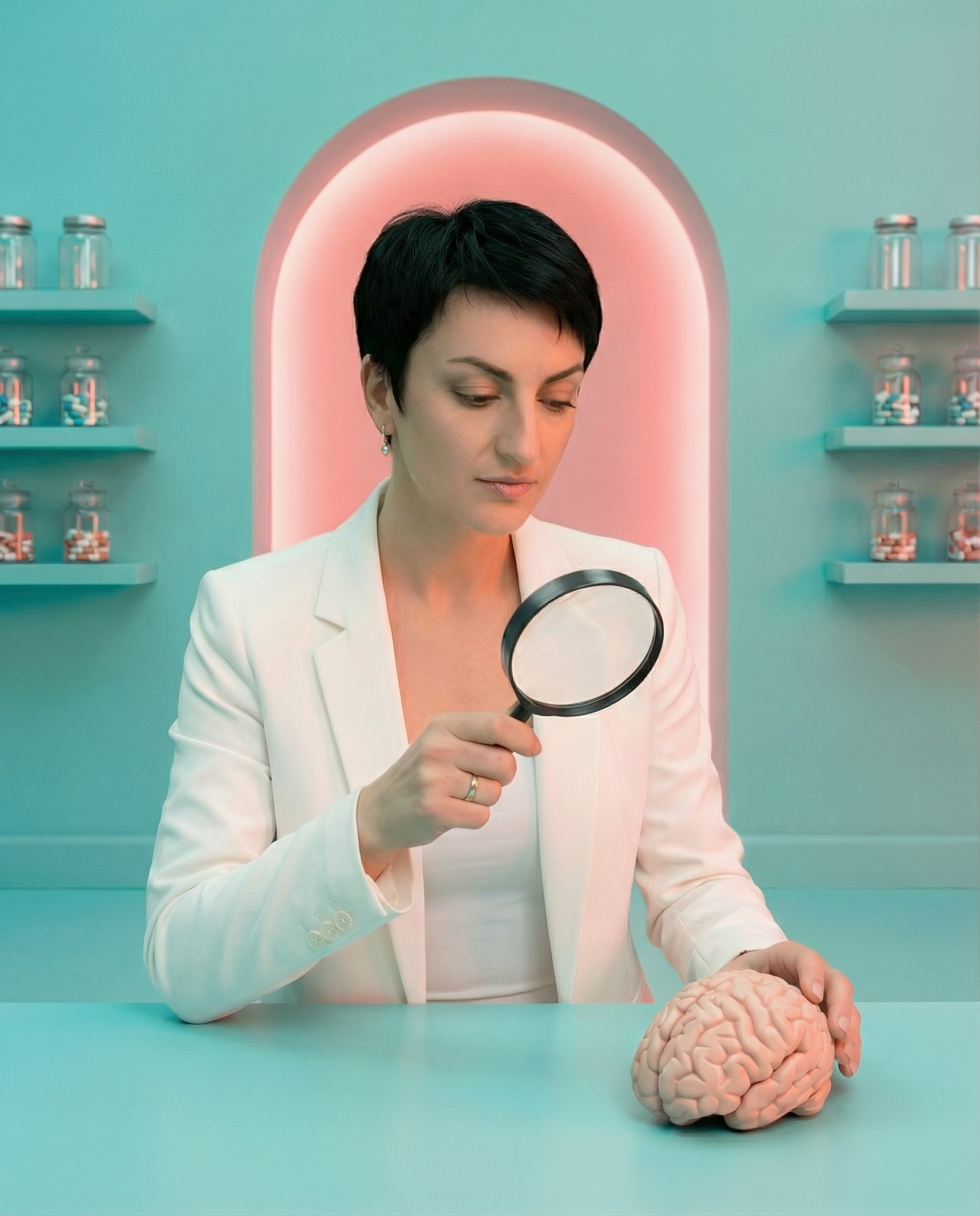 AI-генерация психоневролога с лупой и анатомической моделью мозга — визуал для медицинского контента и личного бренда врача