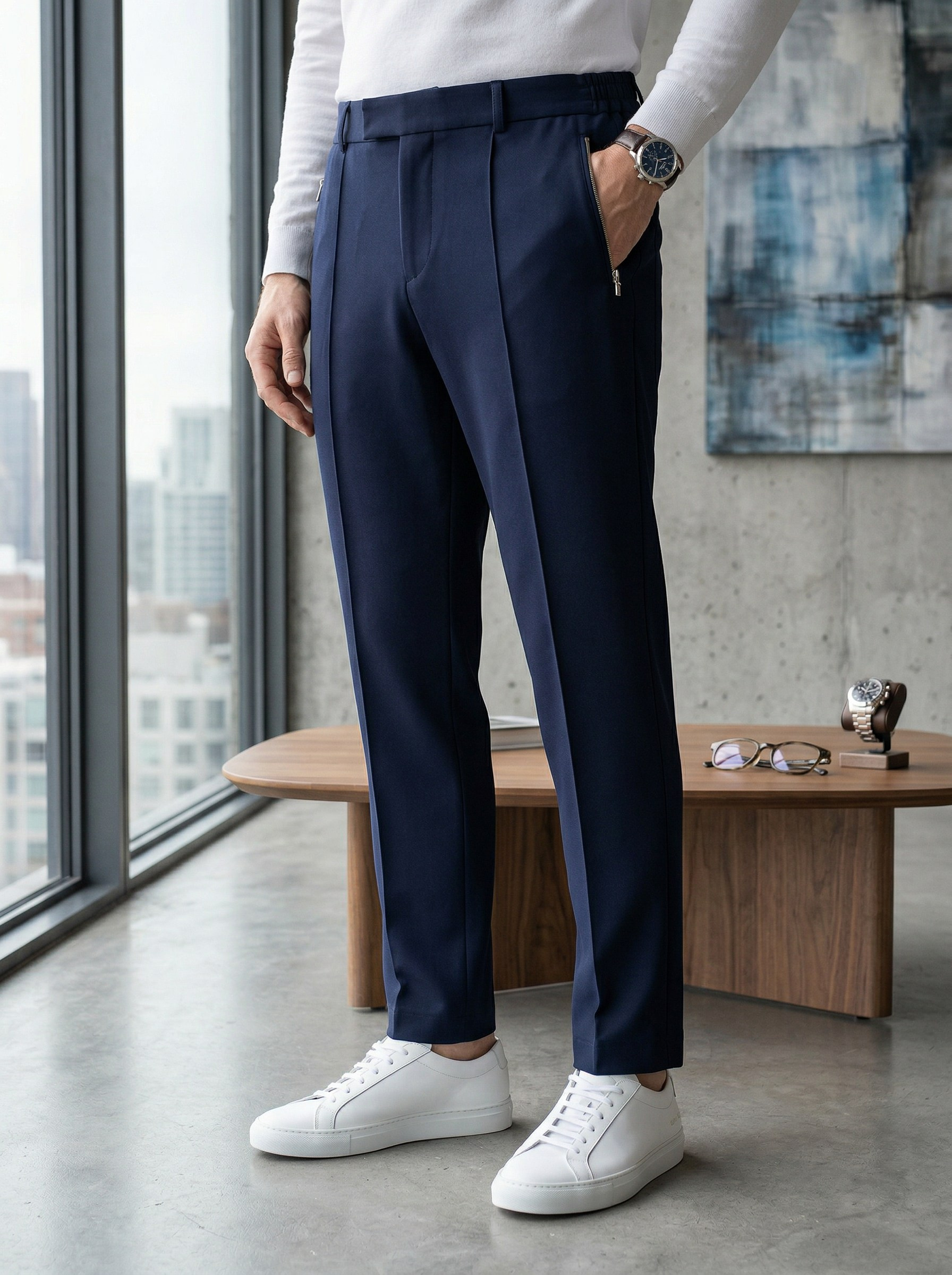 Генерация фото в интерьере для синих брюк с резинкой