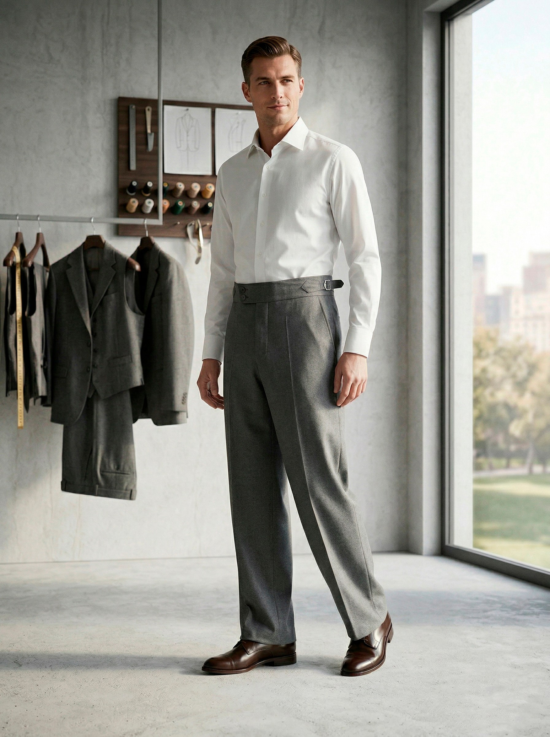 Генерация фото в интерьере для серых шерстяных брюк