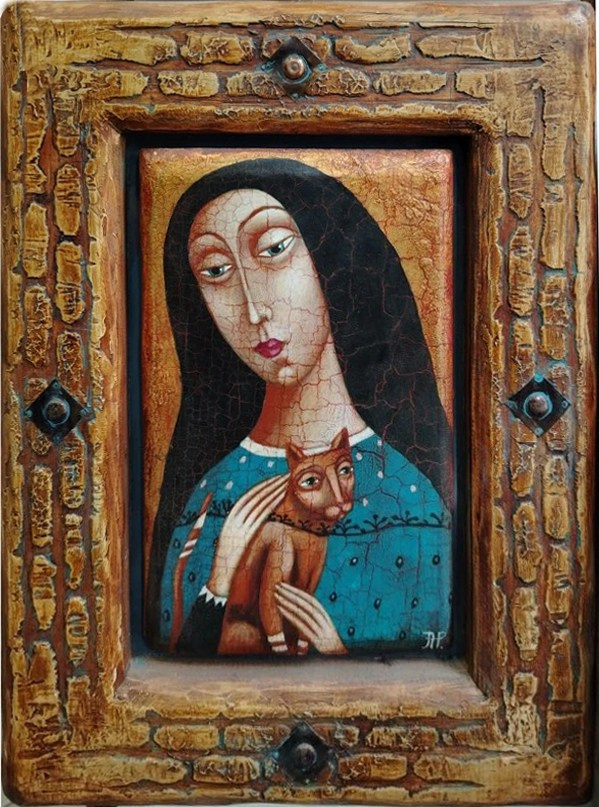 Атмосферная картина, девушка, кот, средневековье, рамка ручной работы